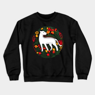 Folk Art White Jungle Cat with Bright Leaves and Flowers Crewneck Sweatshirt